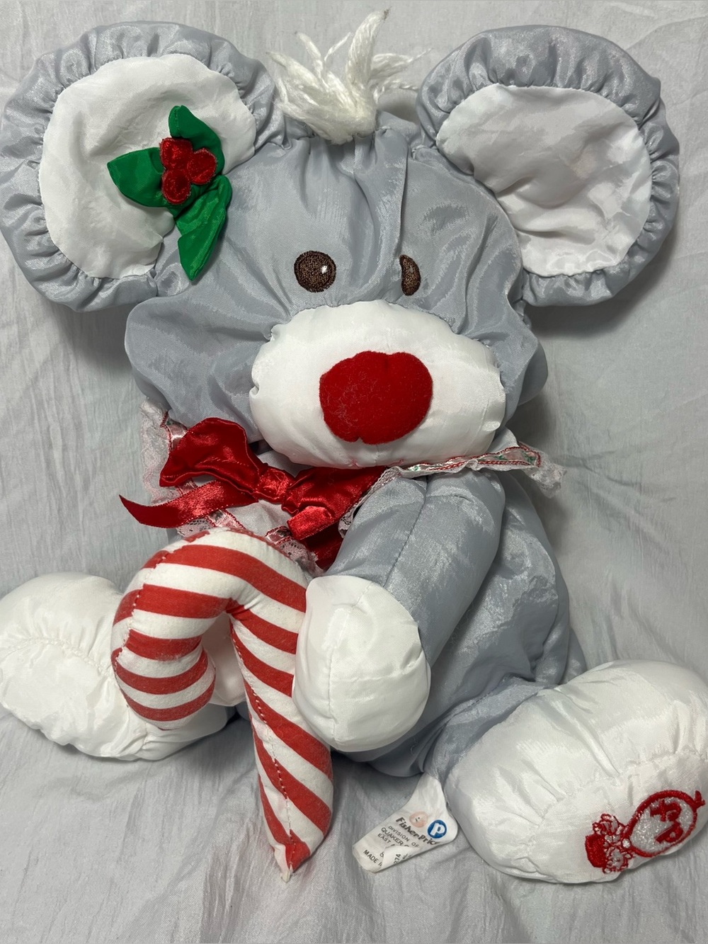Vintage 1987 Puffalump Fisher Price Gray Mouse Plush Christmas Candy Cane